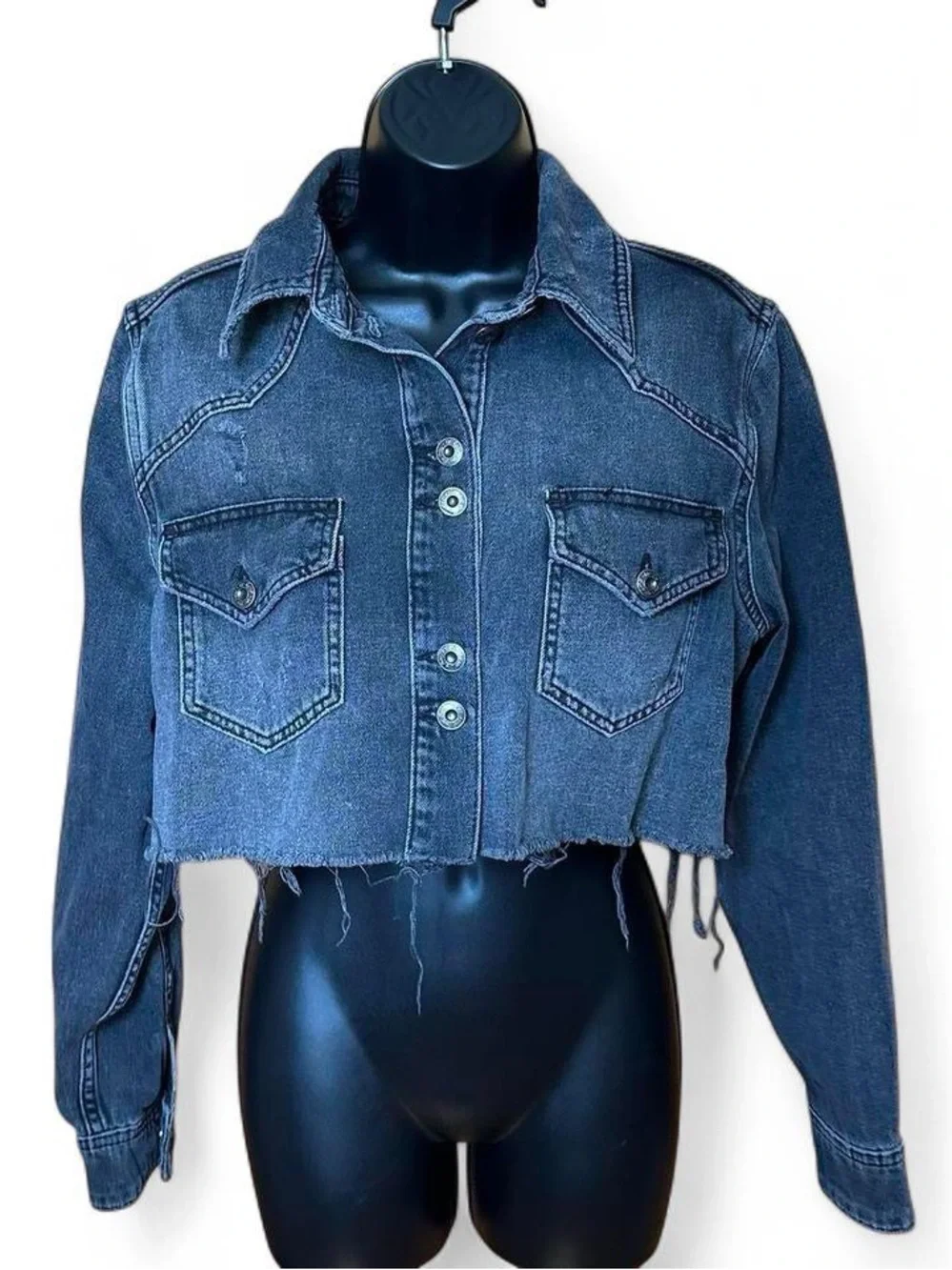 Free People Black Washed Cropped Denim Jacket - Picture 2 of 8